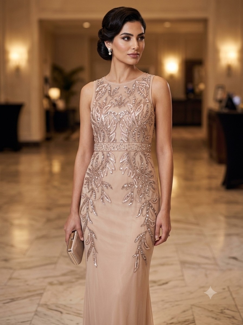 PAPELL STUDIO Rose Gold Sequin & Beaded Evening Gown Size 4P